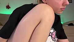 The young amateur teen with big tits and ass starts her homemade routine with squats at home before fingering her wet pussy to orgasm.