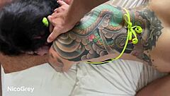 i love how this tattooed emo girl with big tits gets fucked doggystyle on vacation, including rimming and muff diving in missionary.