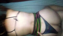 She sucks me with her beautiful mouth! Then we fuck doggystyle in her bikini and skirt.