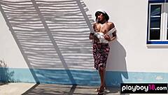 Petite Asian babe Angel Constance undresses outdoors in softcore striptease. She squeezes orange on her natural tits while showing skinny body.