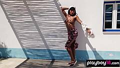 Petite Asian babe Angel Constance undresses outdoors in softcore striptease. She squeezes orange on her natural tits while showing skinny body.