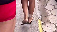 The wife gives her ass to a guy in the restaurant bathroom while her cuckold husband films up close.