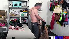 Shoplifter Teen Gets Caught And Fucked Hard In Threesome With Milf Cop Licking Pussy In Office!
