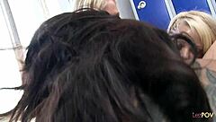 i'm in this sexy threesome with blonde and brunette big boobs lesbians fingering and using dildos on each other