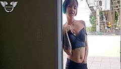 I felt so excited spying on my hot neighbor from the balcony before our full menage.