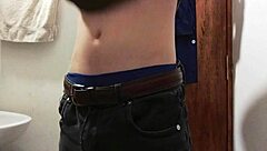 Why not strip half-naked and masturbate in the work bathroom for a loaded cumshot?