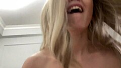 The cute blonde neighbor in black stockings joins the amateur couple for deepthroat and creampie riding fun.