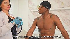 in this interracial scene, i assist my patient by sucking his big black cock to ease testicular pain, then riding it bent over doggystyle