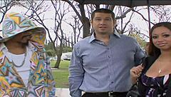 the slutty brunette cougar bends over on the bed in fishnets. huge cock stretches her shaved pussy and asshole wide.