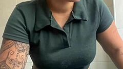 She enjoys flashing her big swollen pussy in exhibitionist style.