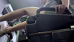 in the gym locker room, a horny teen beauty massages her shaved pussy on the bench until she squirts everywhere