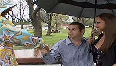 the slutty brunette cougar bends over on the bed in fishnets. huge cock stretches her shaved pussy and asshole wide.