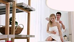 Teen Blonde's Massage Turns Into Passionate Blowjob And Cowgirl Riding With Cum In Mouth