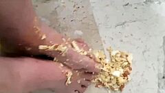 coolmarina arrives tired from the street and gives herself a foot massage using hard eggs on the floor