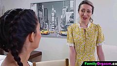 Submissive Stepdaughters Gift Massage Day to Stepdads with Group Banging on Desk