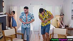 Submissive Stepdaughters Gift Massage Day to Stepdads with Group Banging on Desk