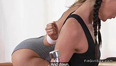 fitness lesbians fingering and licking each other in yoga workout class