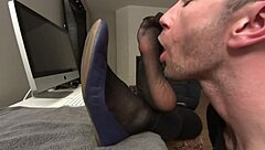 After hours the employee gets to worship his boss's soft sexy perfect nylon soles in full video