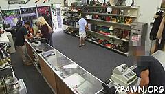 Hey, this astonishing young 18+ woman is having rough sex in the shop with a man and his big cock