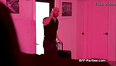 These Asian girlfriends got together with friends after the party for a wild 4some riding session on dilf cock