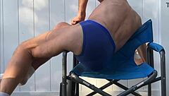 hey, i'm doing deep pelvic stretching in my blue briefs on that blue chair this late october 2024