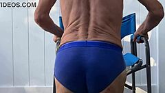 hey, i'm doing deep pelvic stretching in my blue briefs on that blue chair this late october 2024