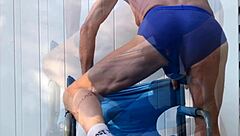 hey, i'm doing deep pelvic stretching in my blue briefs on that blue chair this late october 2024