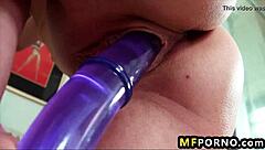 Liona's this skinny teen who's super horny, fingering shaved pussy with dildo in solo action.