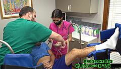 angel ramiraz spreads shaved pussy in latex gloves for backstage cum clinic extraction