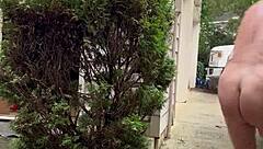 nakedman15 struts his cock flashing in the garden exhibition style