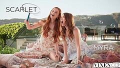 vixen redhead besties myra moans and scarlet skies slurp share lick ride one throbbing cock outdoors