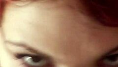 glasses-wearing karla rose kneels in pov locking eyes as she sucks my wrapped cock hungrily