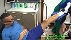 angel ramiraz spreads shaved pussy in latex gloves for backstage cum clinic extraction