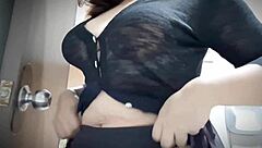 asian stepmom gropes her huge natural tits, so horny