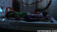 Teen brunette squirts wildly in spooky treat-or-pee toy game