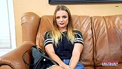 skinny brunette stella fingers herself then facefucks hard boner swallowing every cum drop