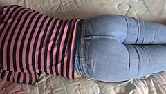 Whoa stepmom's huge curvy fat ass in lingerie and thongs makes me cum hard watching her voyeur handjobs on my big cock while she flashes hairy pussy!