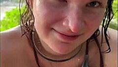 horny teen in bikini oils up for titjob then deepthroats my monster cock on beach