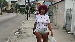 tanned wife flashes swollen pussy in jeans before lover's outdoor muff diving and creampie fuck