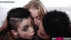 four goths engage in intense group action with cumshots.