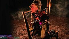 Gemma Smithy kneels bound for intense blowjob training session