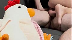 she slips off her black panties on the sofa as he unloads cum all over them