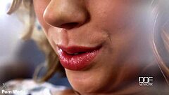 Russian brunette beauty rams big banana deep in shaved pink pussy