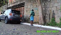 Heart pounding as valet rams milf's wet mouth with monster black cock on street