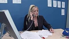 Blonde cougar boss in lingerie stockings seduces co-worker office fuck!