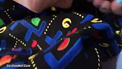 we sneak quick balcony blowjob fun with my big ass tits out in pac-man skirt