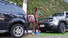 Heart pounding as valet rams milf's wet mouth with monster black cock on street