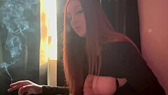 Artemisia Love rides dildo solo while puffing cigarette smoke