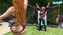 big booty milf sneaks doggy with step-son's huge cock behind husband