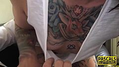 Tattooed Brunette Slut's Small Tits Jiggle in Brutal BDSM Hardcore Pounding and Titty Fuck